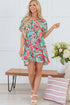Green Abstract Print Lace-up High Waist Buttoned Mini Dress